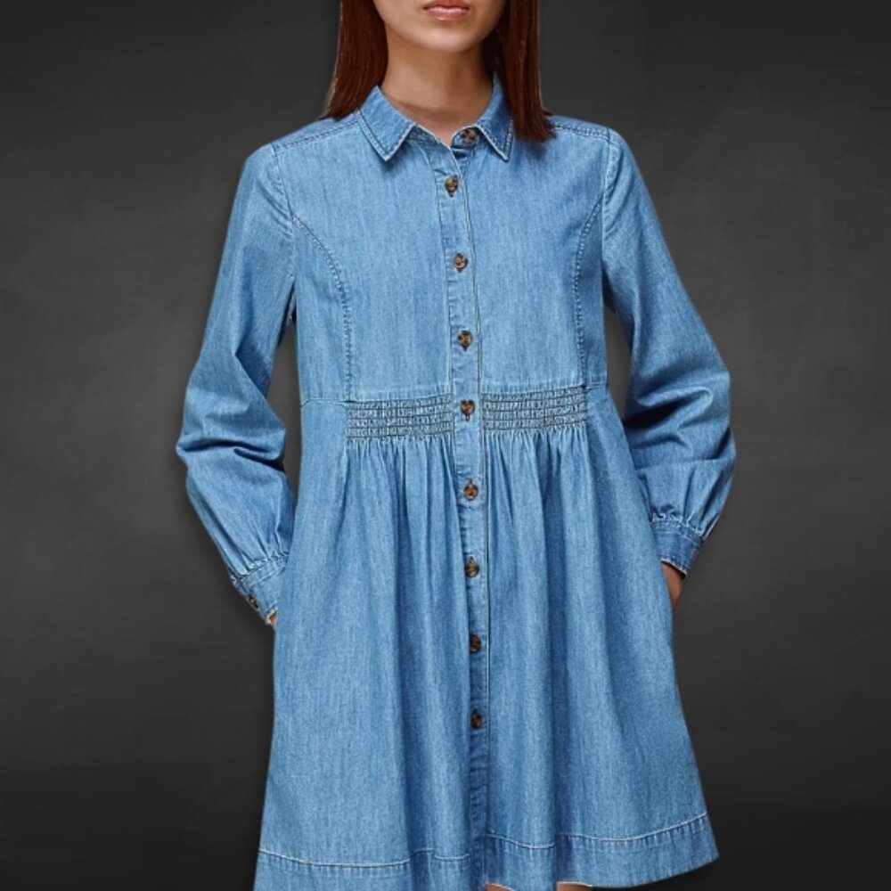 Whistles Dress Button Front Closure Long Sleeve Lightweight Denim Blue Women's 0